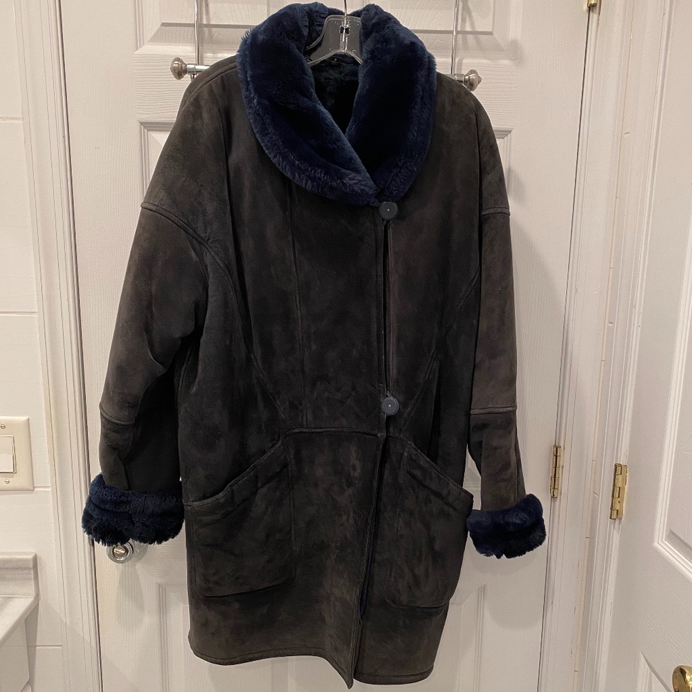 J. Gallery Faux Suede Dark Blue Jacket/Coat Size S